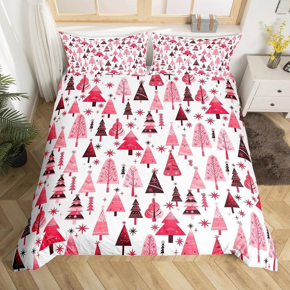 Manfei Pink Christmas Tree Duvet Cover Set Full 3pc Kids Girls Holiday Bedding